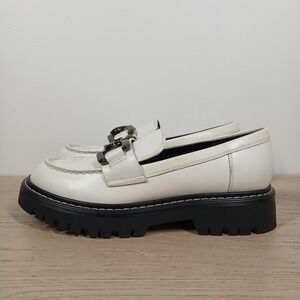 Marc Fisher Loafers Women 8.5 White Leather Lug Sole Chain Preppy Old Money